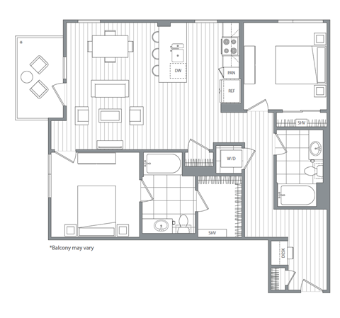Floor plan for 2 beds, 2 baths, 1130 sqft